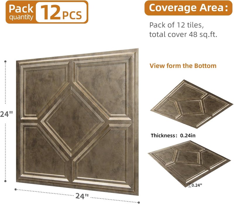 WOWSTAR 12-Pack 24"x24" Drop Ceiling Tiles, Waterproof Glue up Ceiling Panels, Cover 48 Sq. Ft, Antique Gold - Image 5